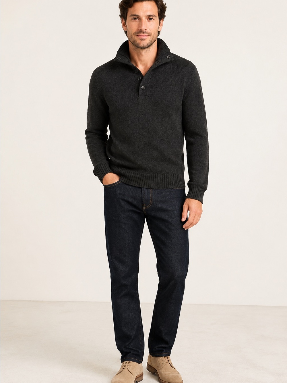 Banana Republic Men’s Wool Blend Button Mock Neck Sweater Black L